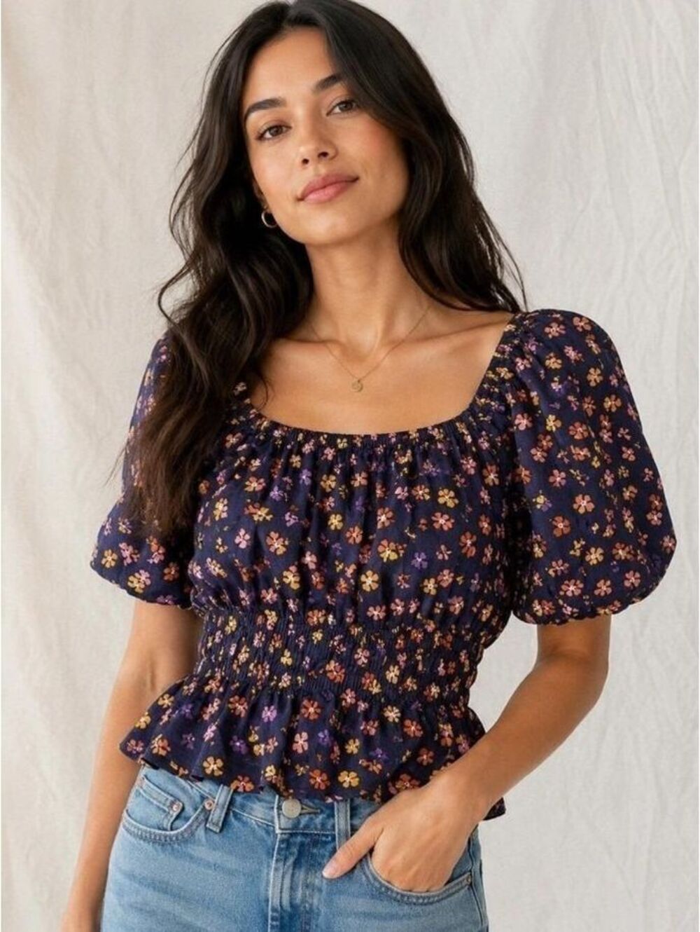 Madewell Navy Floral Smocked Puff Sleeve Top Small Peplum